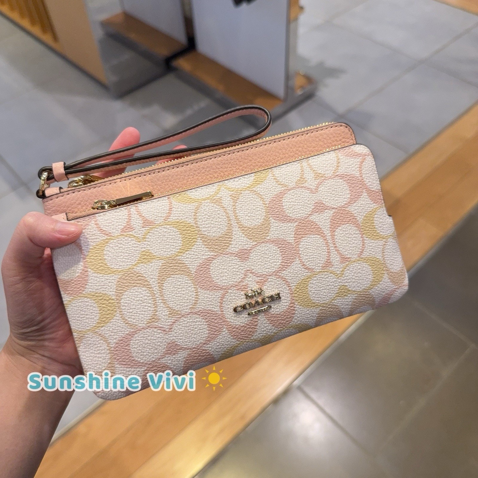 Nwt Coach Double Zip Wristlet In Pretty Signature Canvas Gold/Chalk/Pink Cef62
